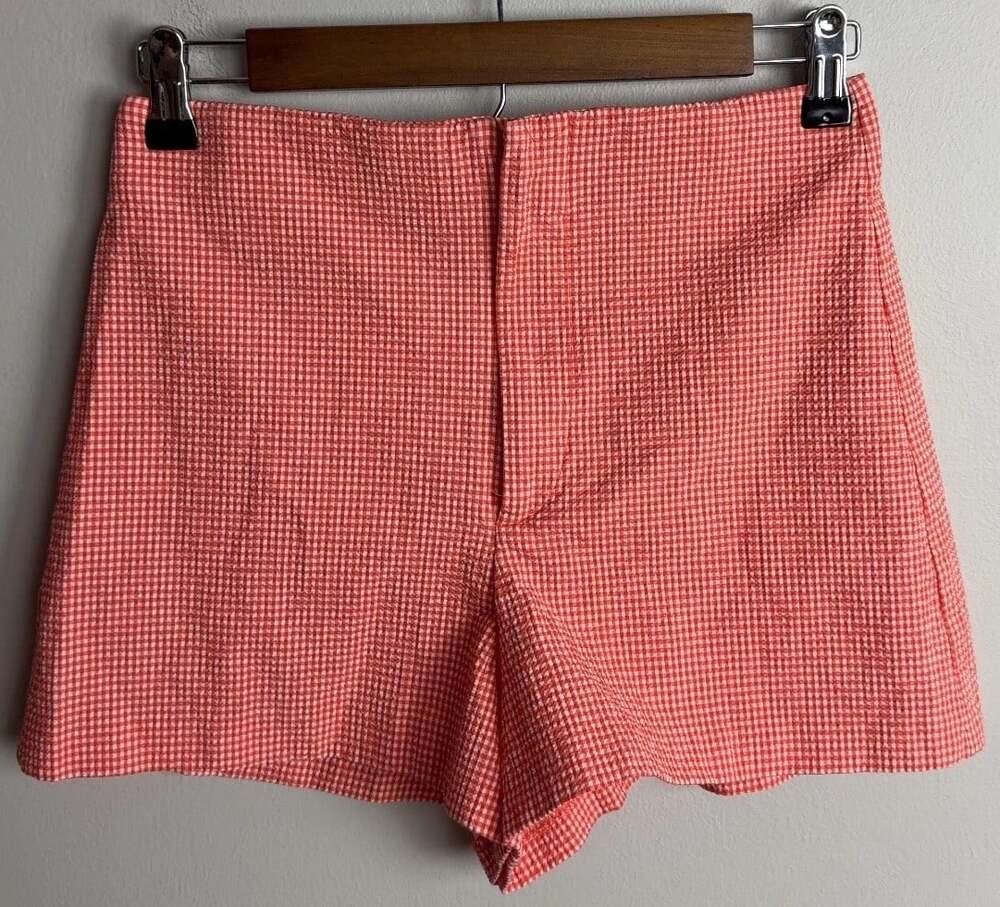 Zara Orange White Gingham Seersucker High Waisted Shorts Size Small Women’s
